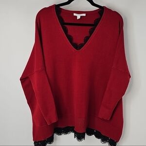 Chico's Whimsigoth Rich Red & Black Lace Sweater wSlits Feminine Festive Holiday